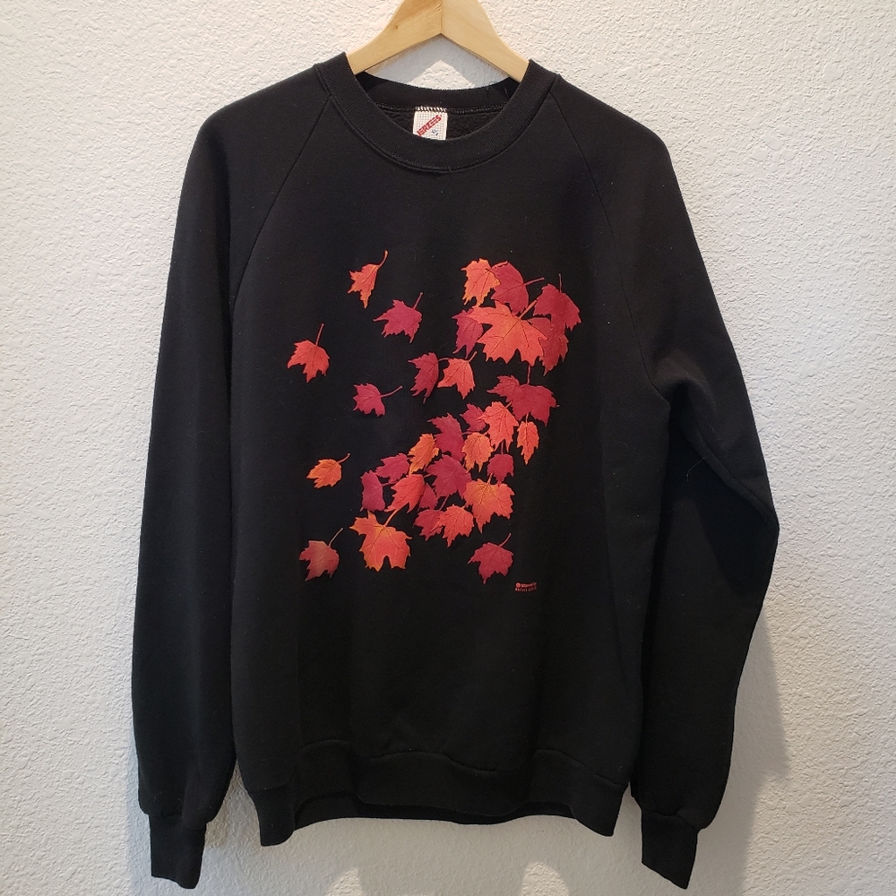 Vintage 90s Jerzees Autumn Fall Leaves Crewneck Men's sz XL Black